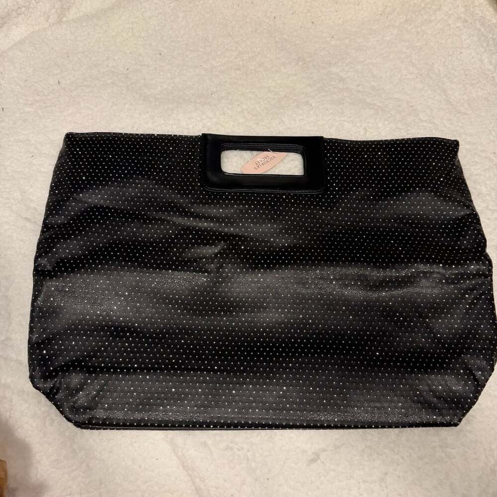 Victoria's Secret Black Glitter Handle Tote Bag Purse 12" X 17" Snaps Sparkles